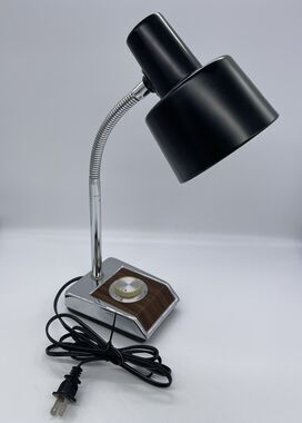 Vintage 1970’s MOBILITE Model 343 Dimmable Desk Lamp Chrome Woodgrain Goose Neck